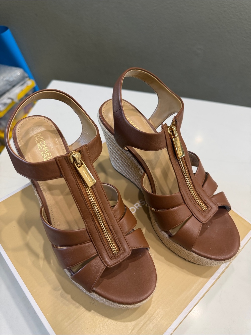 Michael Kors Brown Leather Espadrille Wedge Sandals with Gold Zip
